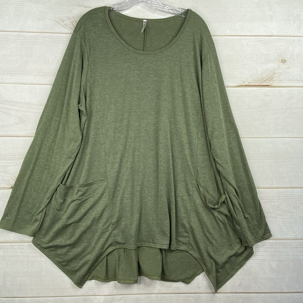 Goo Yoo Tunic Top Womens 2X Green Asymmetrical Pockets Long Sleeve Stretch